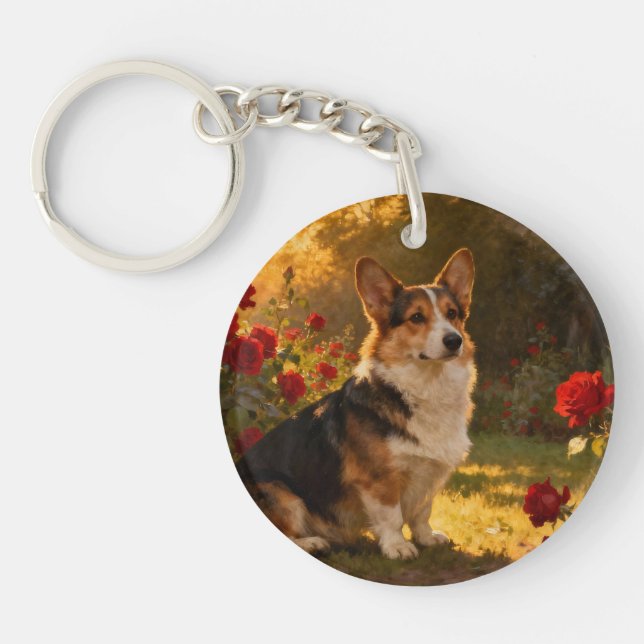 Corgi in the Roses I Keychain (Front)