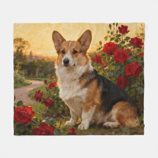 Corgi in the Roses II Fleece Blanket (Front (Horizontal))