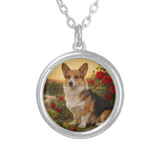 Corgi in the Roses II Silver Plated Necklace