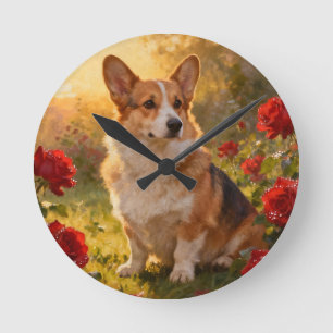 Corgi in the Roses III Round Clock