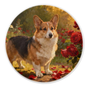 Corgi in the Roses V Ceramic Knob