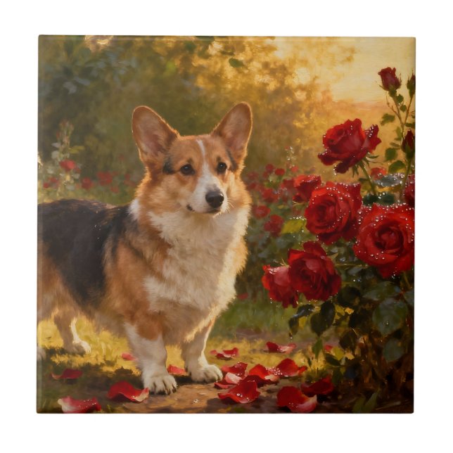 Corgi in the Roses V Ceramic Tile (Front)
