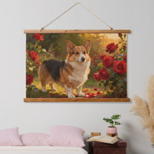 Corgi in the Roses V Hanging Tapestry