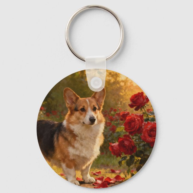 Corgi in the Roses V Keychain (Front)