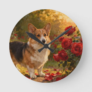 Corgi in the Roses V Round Clock