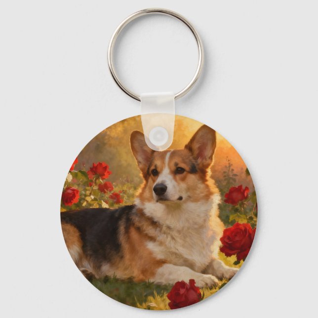 Corgi in the Roses VI Keychain (Front)