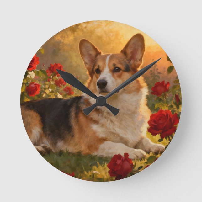 Corgi in the Roses VI Round Clock (Front)