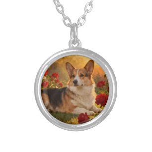 Corgi in the Roses VI Silver Plated Necklace