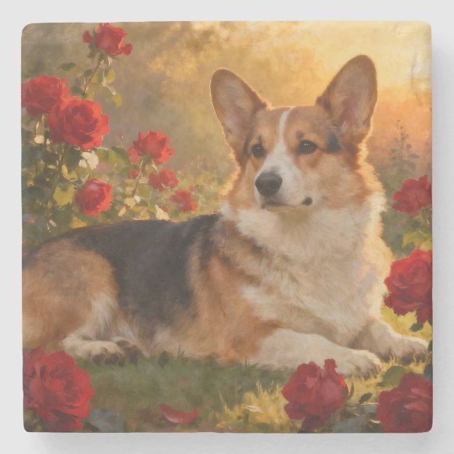 Corgi in the Roses VI Stone Coaster (Front)