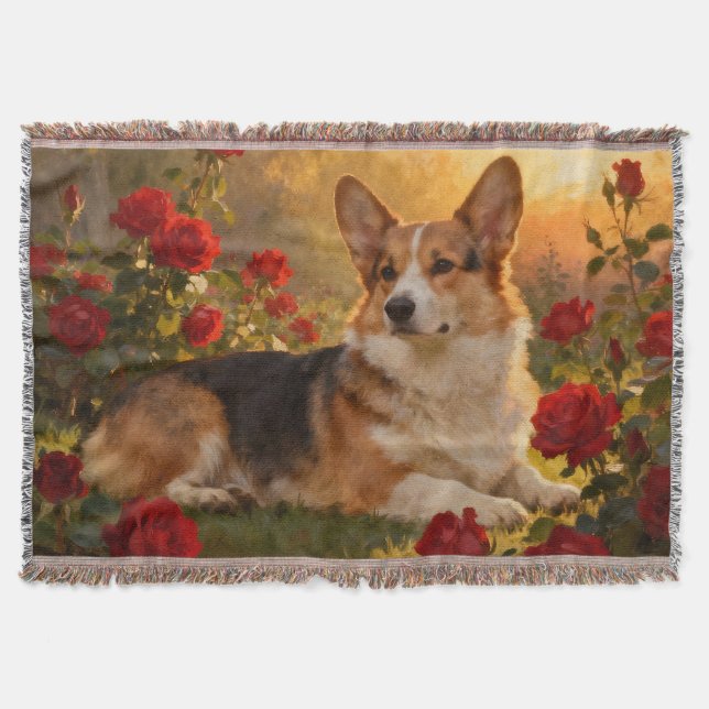 Corgi in the Roses VI Throw Blanket (Front)
