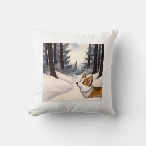 Corgi in the Snow Throw Pillow