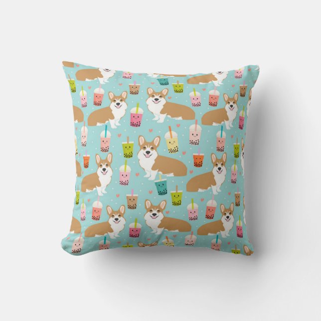 Corgi Kawaii Boba Tea - bubble teas Throw Pillow (Front)