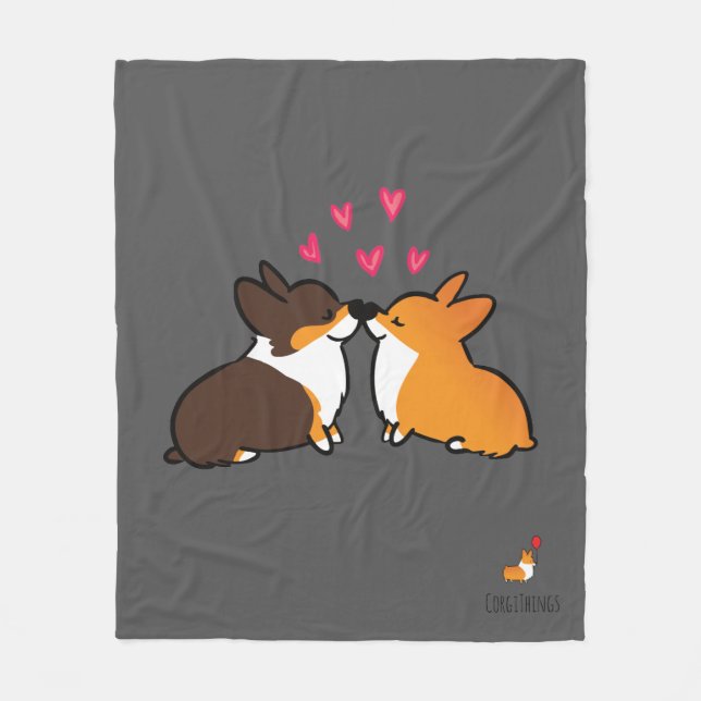 Corgi Kissing Fleece Blanket (Front)