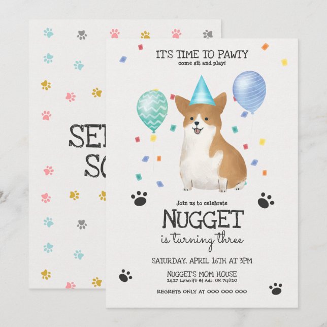 Corgi Lets Pawty Dog Birthday Invitation Blue (Front/Back)