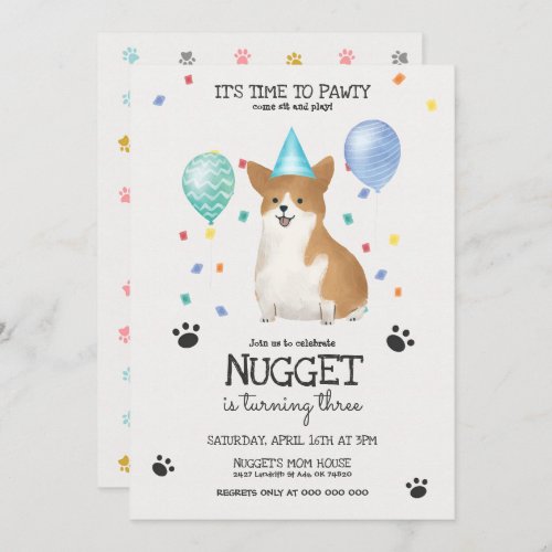 Corgi Lets Pawty Dog Birthday Invitation Blue