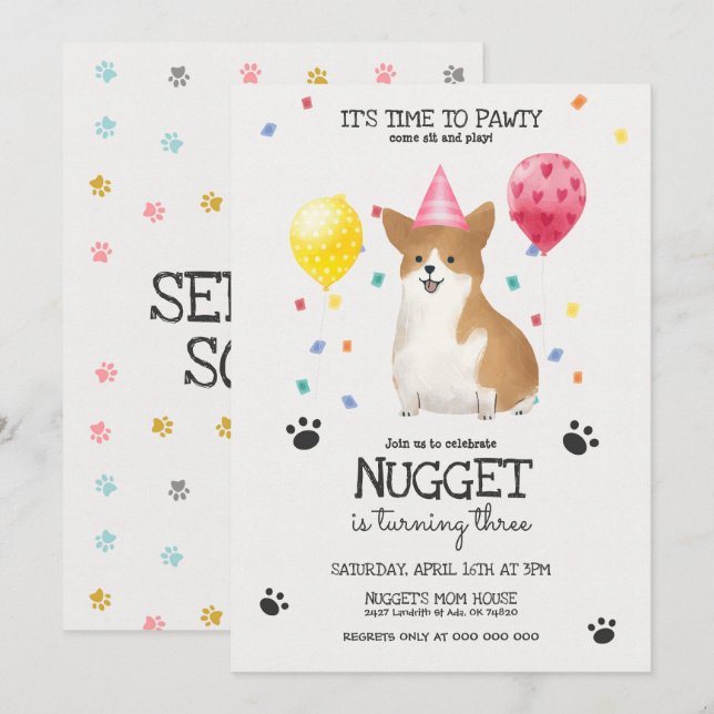 Corgi Lets Pawty Dog Birthday Invitation Pink (Front/Back)