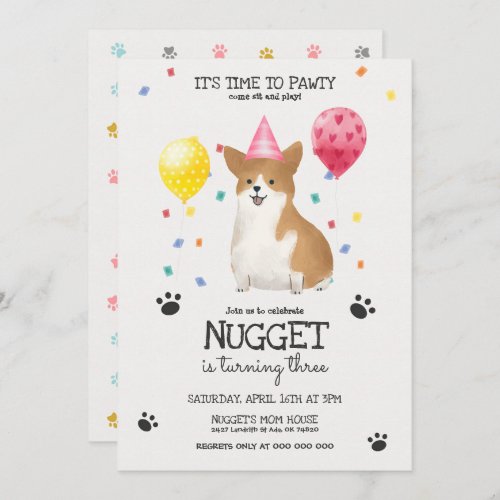 Corgi Lets Pawty Dog Birthday Invitation Pink