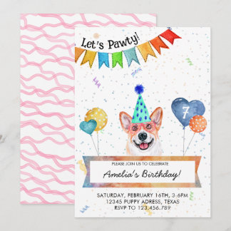Corgi Lets Pawty Dog Birthday Party Invitation