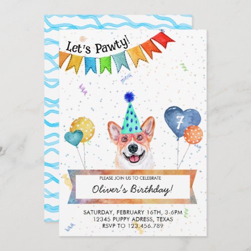 Corgi Lets Pawty Dog Birthday Party Invitation