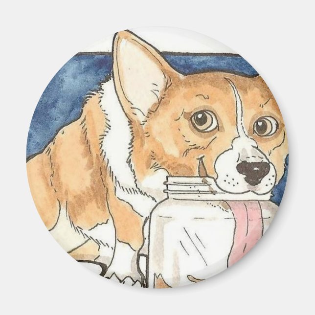 Corgi licking the Peanut Butter Jar Magnet (Front)