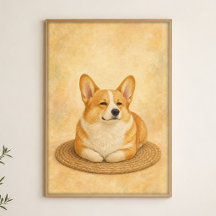 Corgi Loaf on a Round Rug Watercolour Poster