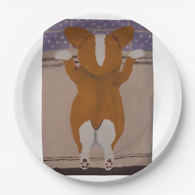 Corgi looking out window paper plates (Front)