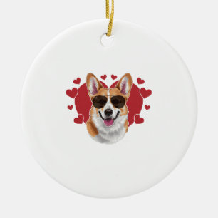 Corgi Love Cool Sunglasses Surrounded by Hearts Ceramic Ornament