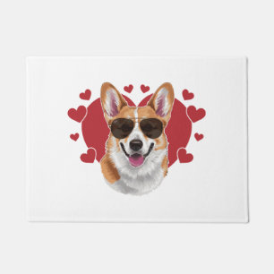 Corgi Love Cool Sunglasses Surrounded by Hearts Doormat
