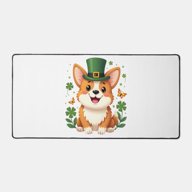 Corgi Lover Shamrock Happy St Patricks Day Desk Mat (Front)