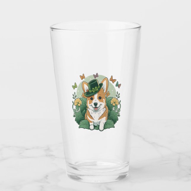 Corgi Lover Shamrock Happy St Patricks Day Glass (Front)