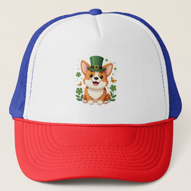 Corgi Lover Shamrock Happy St Patricks Day Trucker Hat (Front)