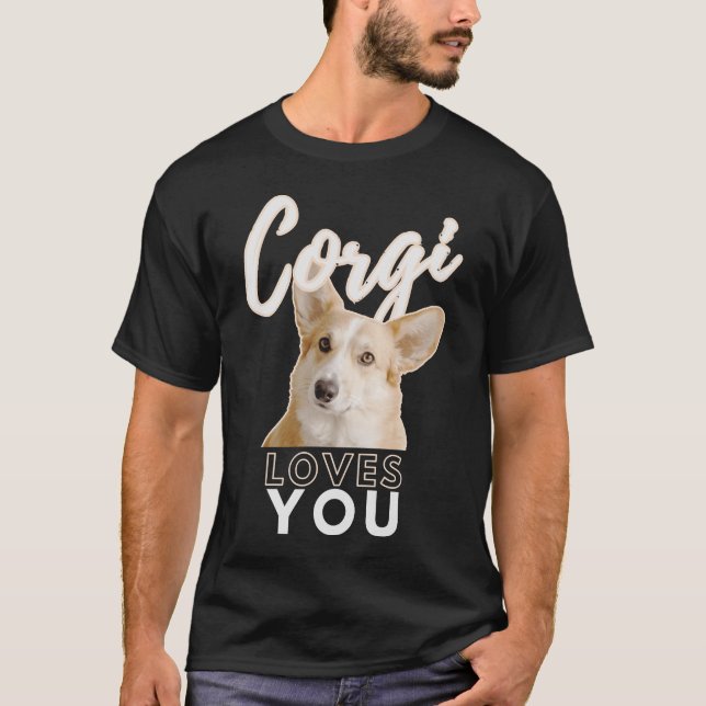Corgi Loves You Warm Beige Fur And Black Contrast T-Shirt (Front)