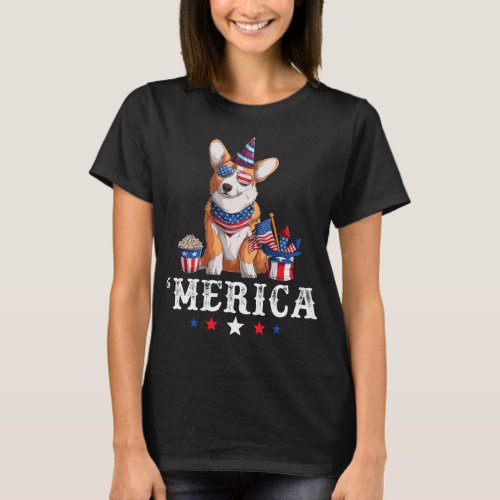 Corgi Merica Dog 4th of July USA American Flag T_Shirt