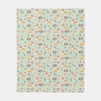 Corgi Mint Garden Floral Seamless Pattern Fleece Blanket