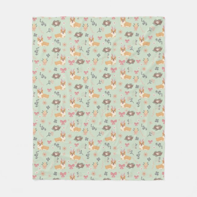 Corgi Mint Garden Floral Seamless Pattern Fleece Blanket (Front)