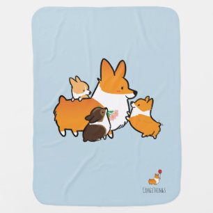 Corgi Mom and Puppies Blue Baby Blanket