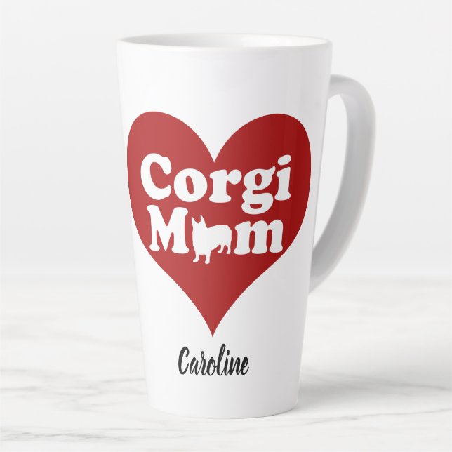 Corgi Mom Cute Red Heart Monogram Latte Mug (Right Angle)