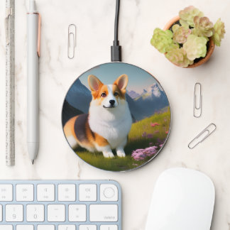 Corgi on a Mountainside -purple flowers Wireless Charger