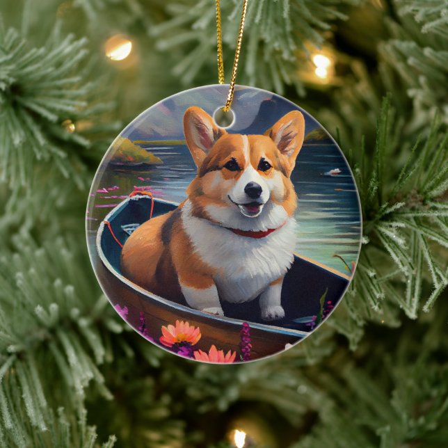 Corgi on a Paddle: A Scenic Adventure Ceramic Ornament (Tree)
