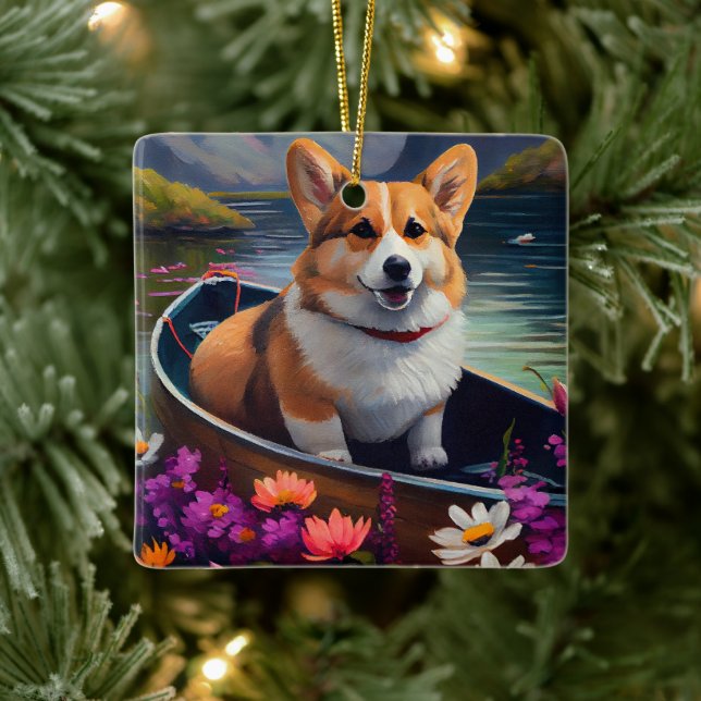 Corgi on a Paddle: A Scenic Adventure Ceramic Ornament (Tree)