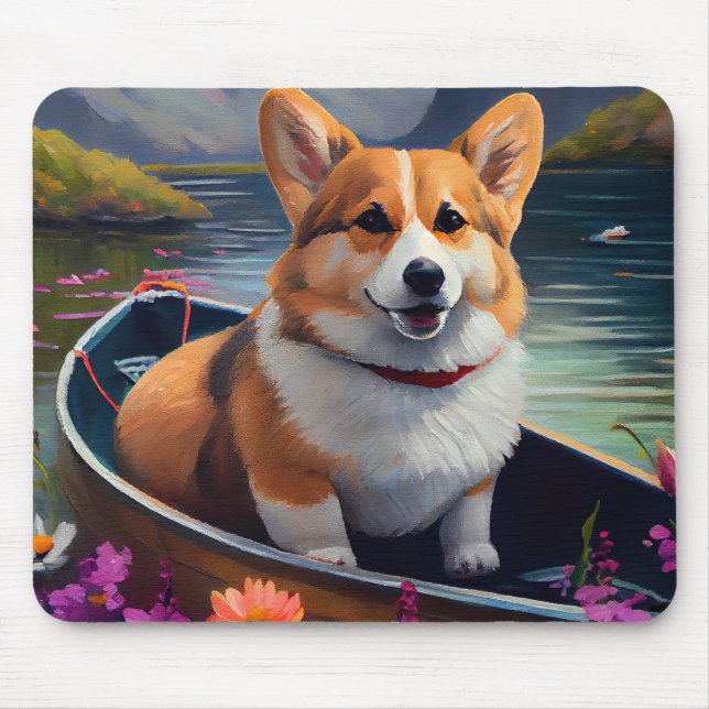 Corgi on a Paddle: A Scenic Adventure Mouse Pad (Front)