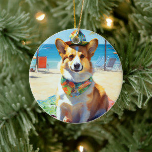 Corgi on Beach, summer gift for dog lovers Ceramic Ornament