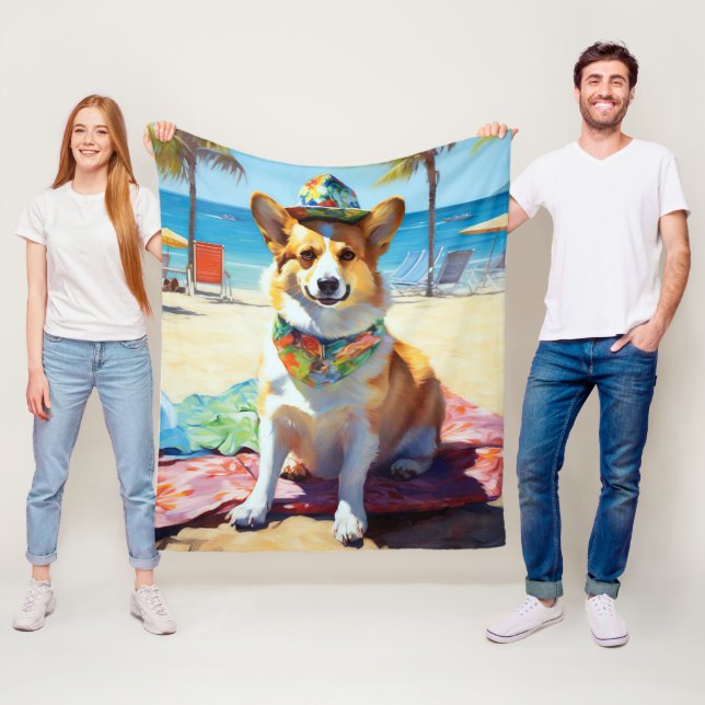 Corgi on Beach, summer gift for dog lovers  Fleece Blanket (In Situ)