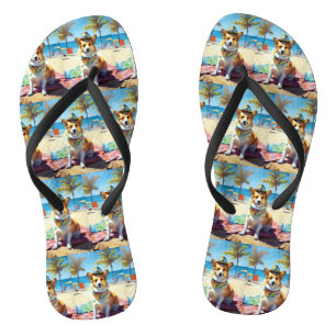 Corgi on Beach, summer gift for dog lovers Flip Flops