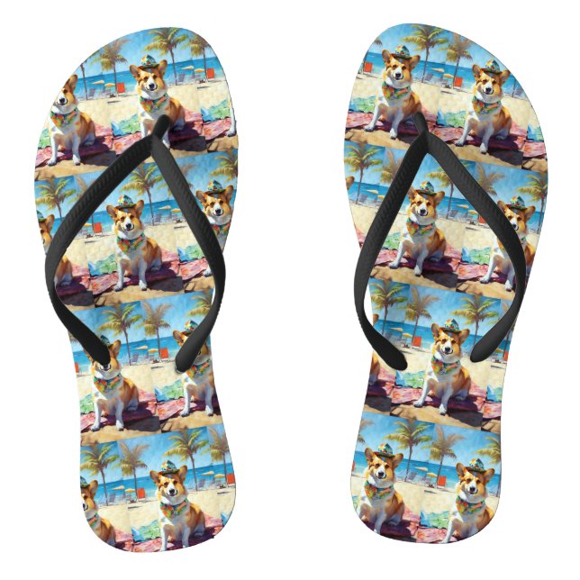 Corgi on Beach, summer gift for dog lovers  Flip Flops (Footbed)