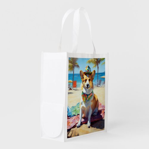 Corgi on Beach summer gift for dog lovers  Grocery Bag