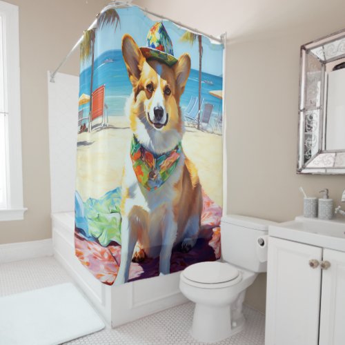Corgi on Beach summer gift for dog lovers  Shower Curtain