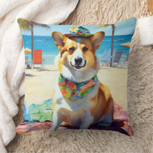 Corgi on Beach, summer gift for dog lovers Throw Pillow