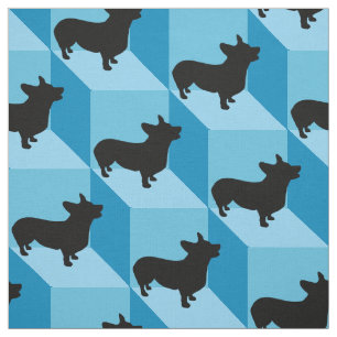 Corgi on Blue Cubes Fabric