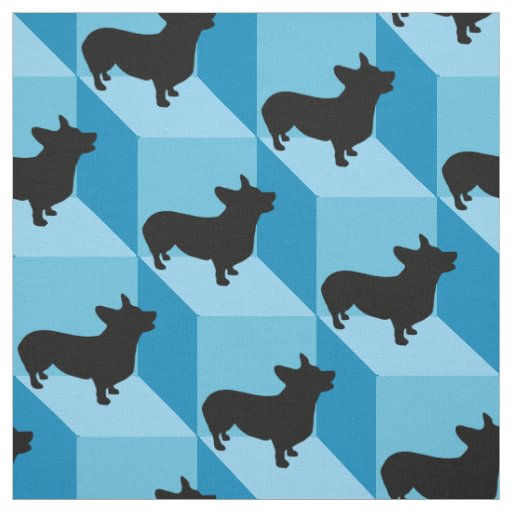 Corgi on Blue Cubes Fabric